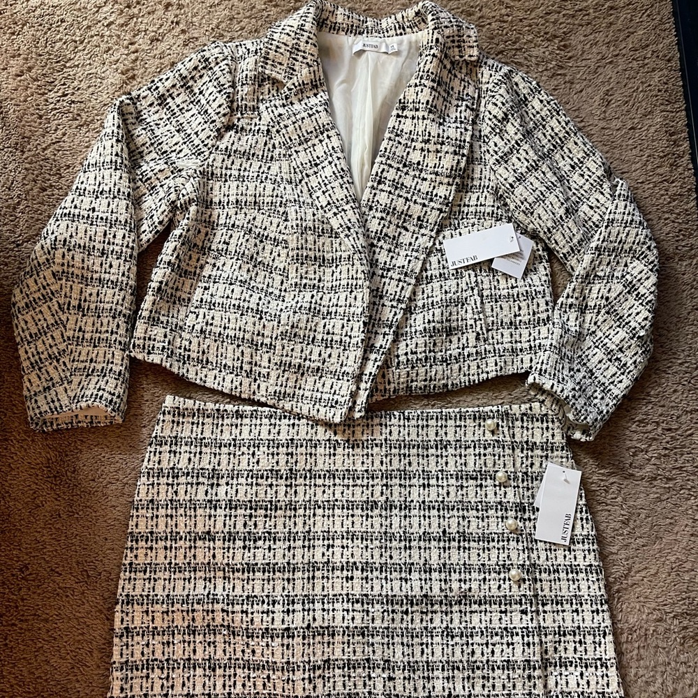 ❤️ JUST FAB “Cream Multi” Tweed Mini Skirt Suit Set with - Size 3x